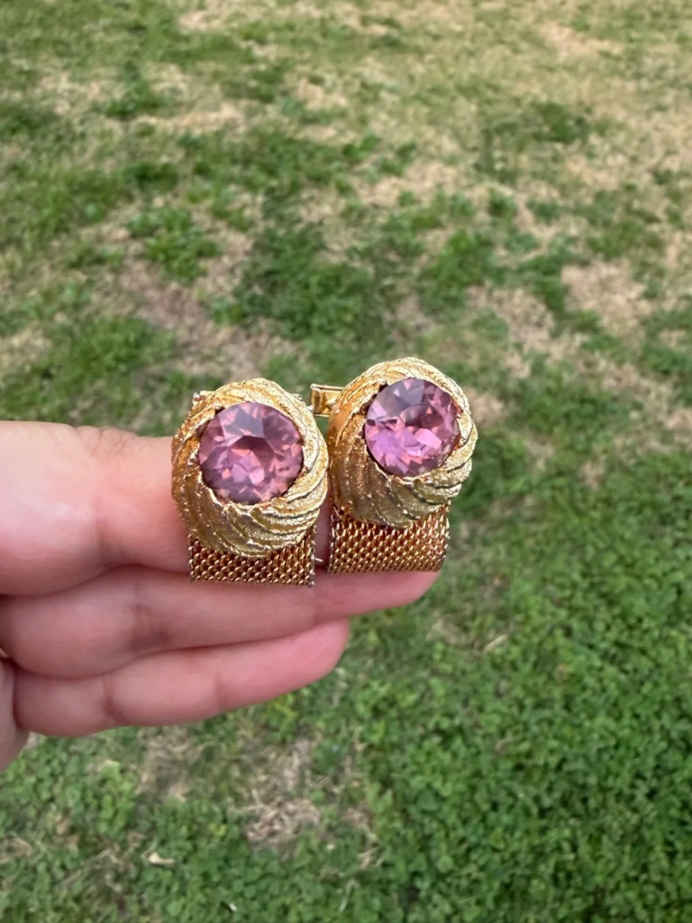 Vintage Gold-Tone Nugget With Purple Stones and Mesh Drop